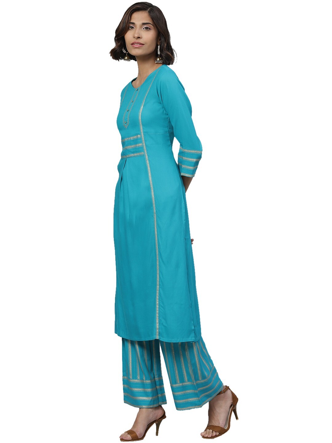 YASH GALLERY Women’s Rayon Gold Printed Straight Kurta & Palazzo Set (Teal)