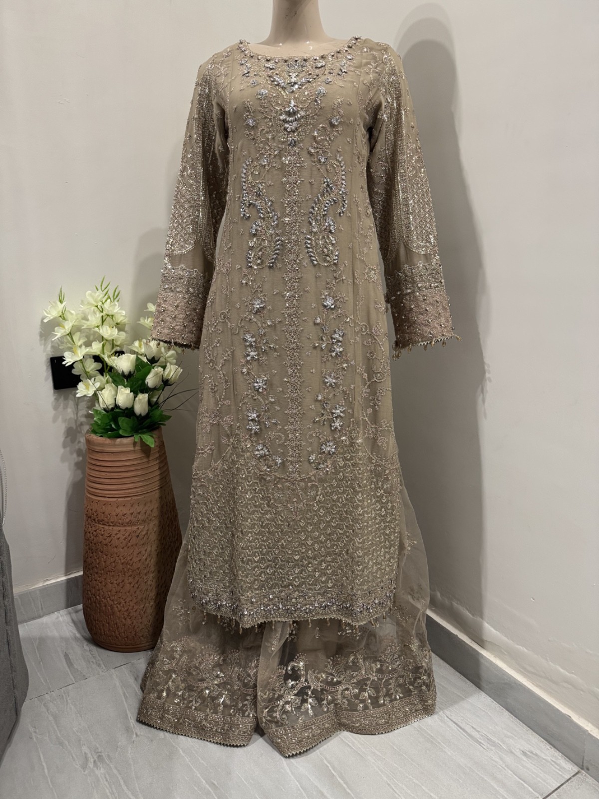 Pakistani Dark Beige Straight Style Embroidered Sequins Chiffon Sharara Dress,L