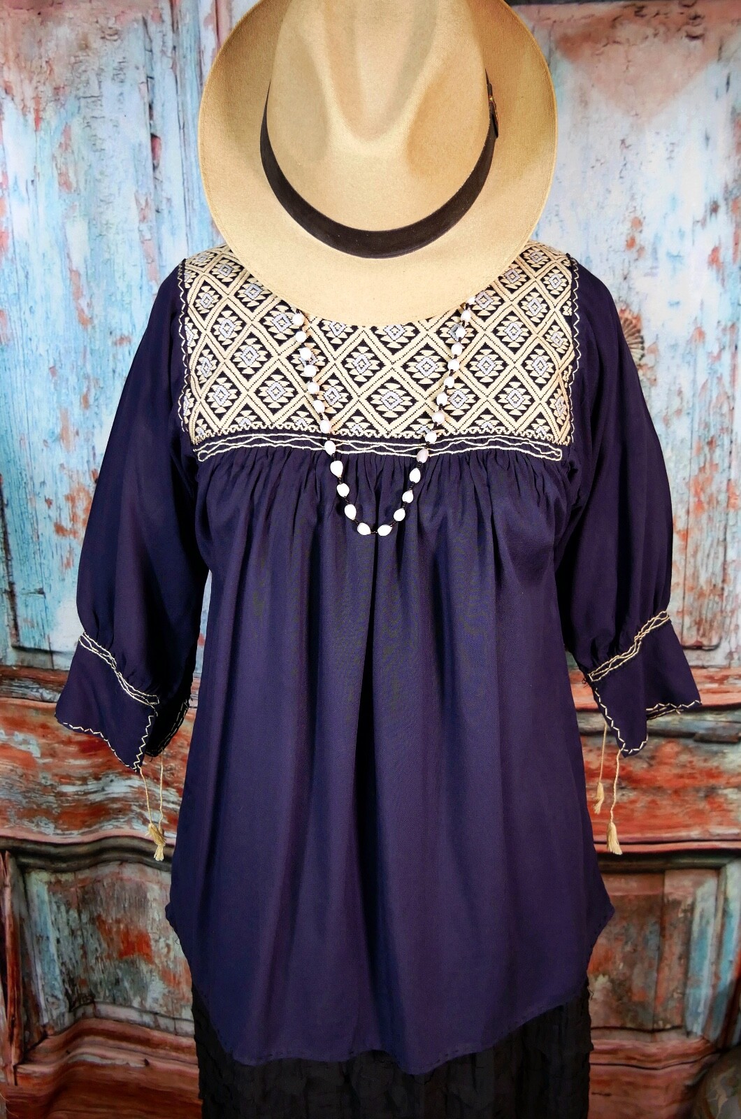 Peasant Blouse Blue Tones & Beige Hand Woven Bodice Rayon Mayan Chiapas Mexico