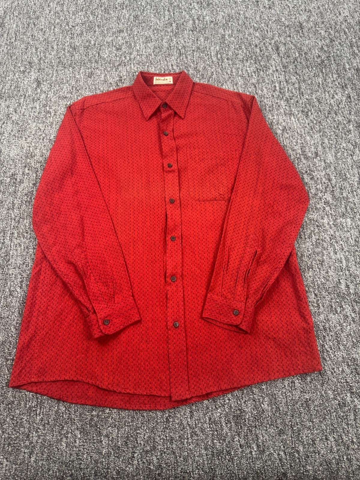 Fabindia Shirt Men 40 Large Red Indigo Geometric Indian Button Up Kurta Tunic