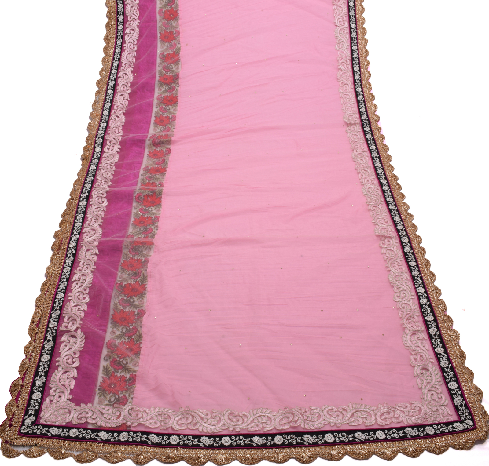 Sushila Vintage Pink Saree Blend Georgette Silk & Net Mesh 5 Yard Sari Fabric