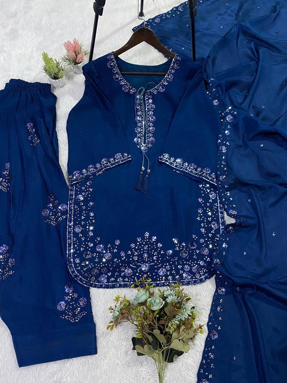 Ethnic Wear Teal Blue Chinon Top Bottom With Dupatta For Women And Girls