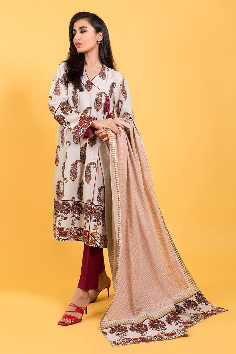 NWT GUL AHMED Size S Screen Printed Angrakha Style Lawn Kurti Dupatta Pakistani