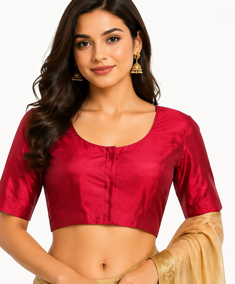 Women’s Saree Blouse Red Silk Crop Top Short Sleeve Ethnic Indian Size M