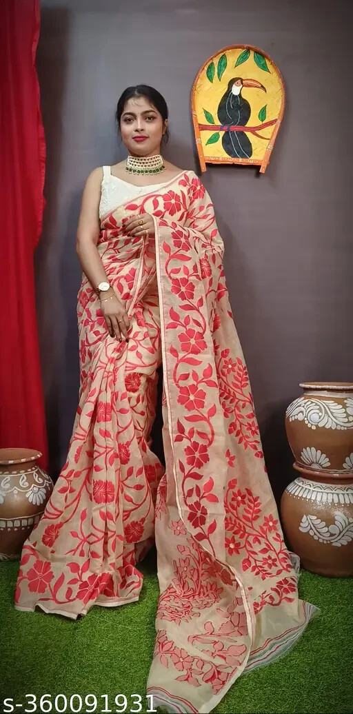 Indian Women Floral Design Soft Dhakai Jamdani Cotton Silk Saree Without Blouse
