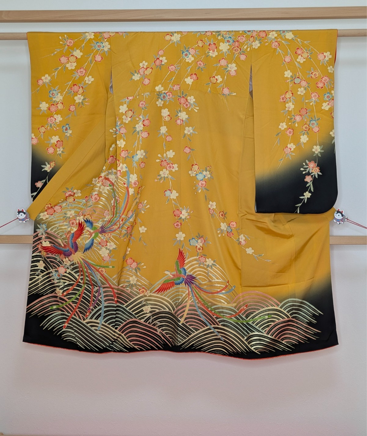 Vintage Japanese Kid’s Kimono Silk Yellow Black Phoenix Sakura with Undergarment