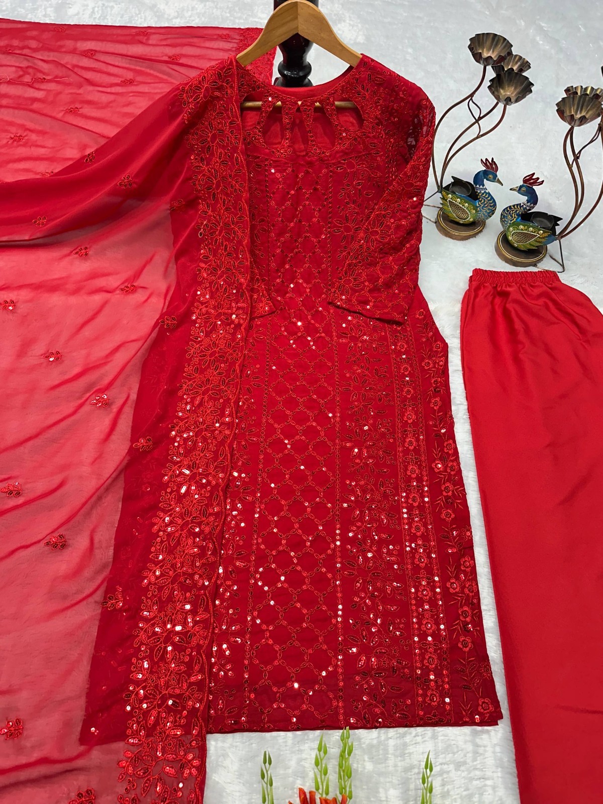 Beautiful Faux Georgette Red Salwar Kameez With Dupatta For Women Party Wear