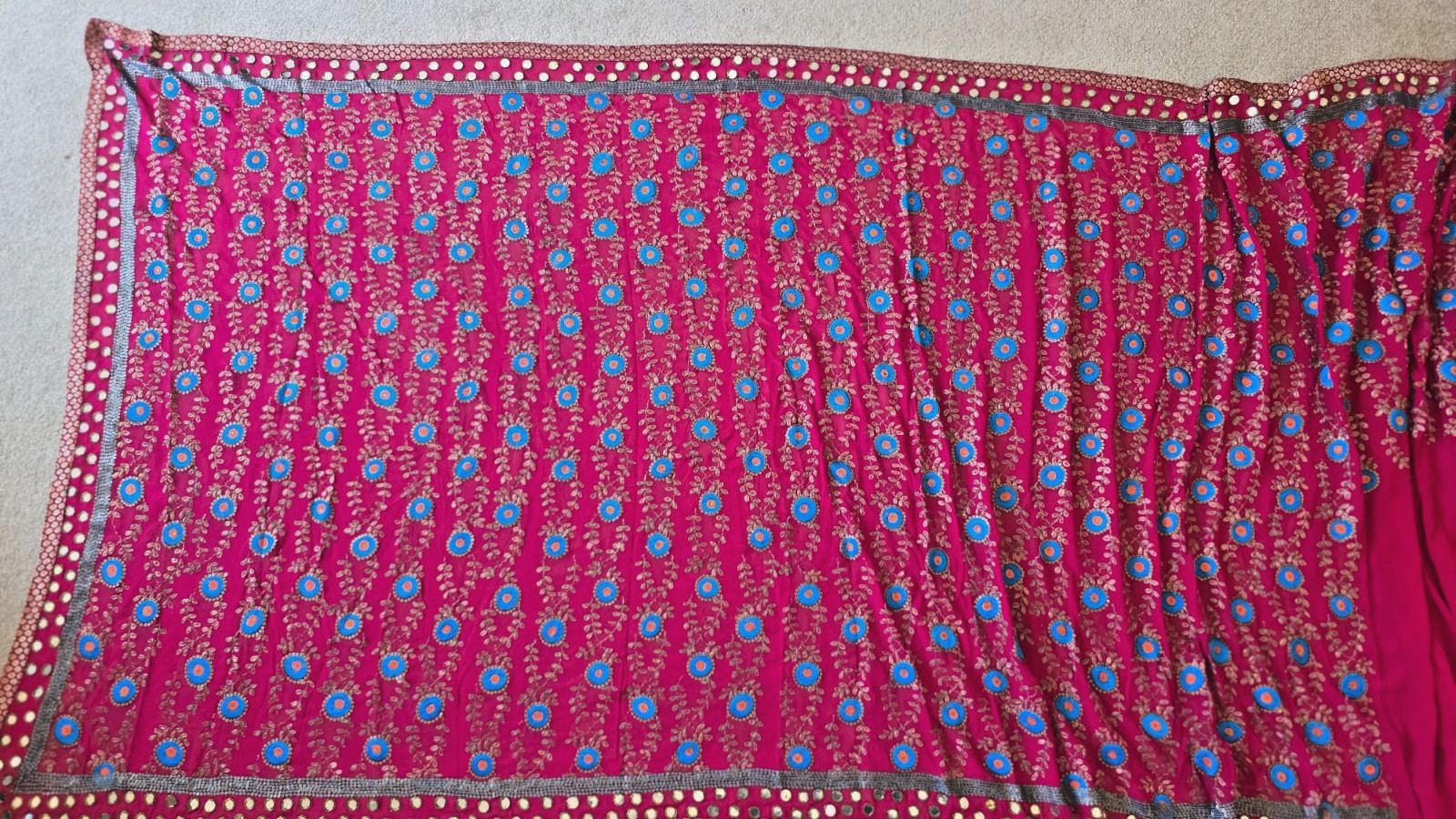 Pre-Stitched Red Chiffon Saree | Blue Gold Embroidery | 6-Yd Craft Fabric Canvas