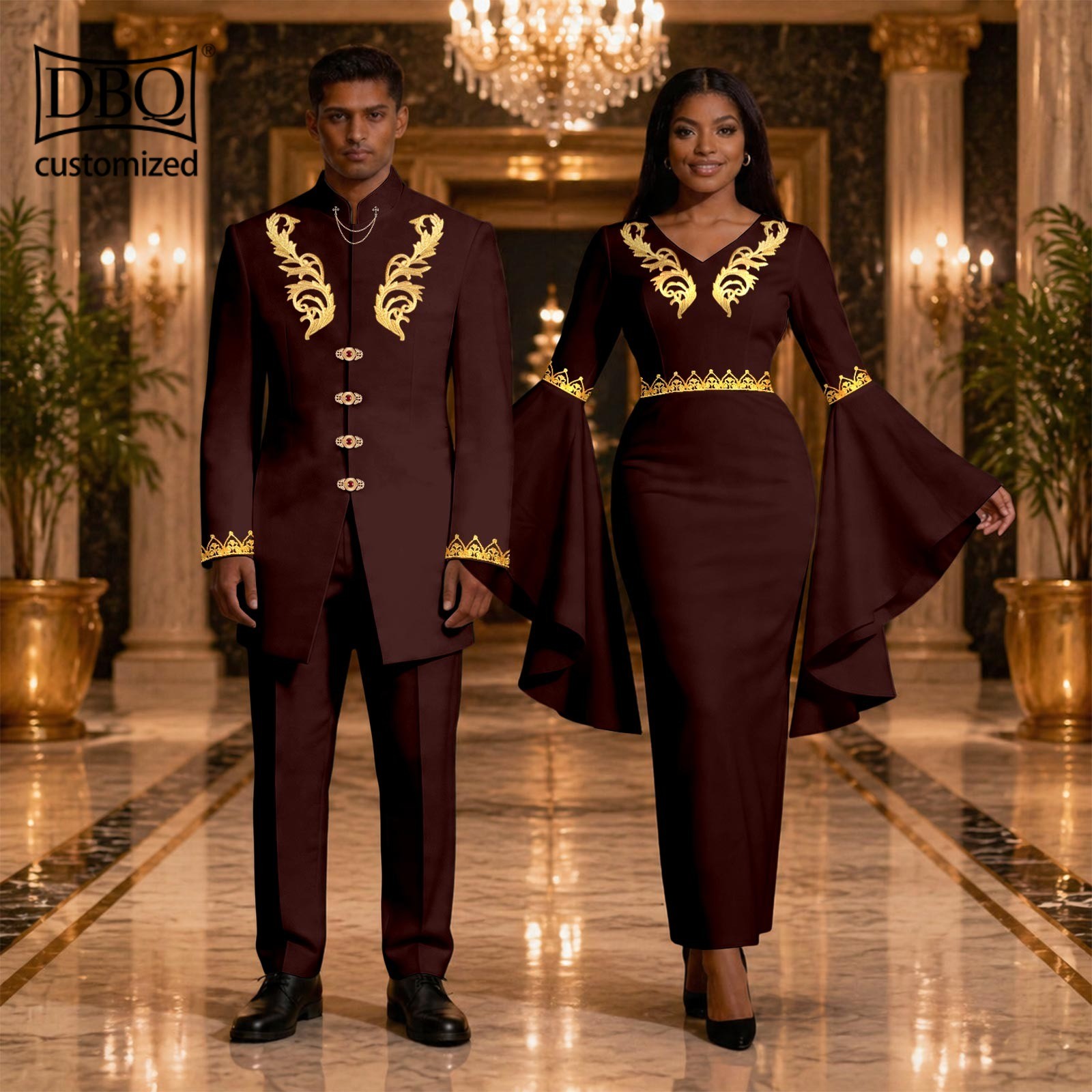 African Couple Wedding Clothes Tailor Made Men’s Jacket Pants Set Women Dress