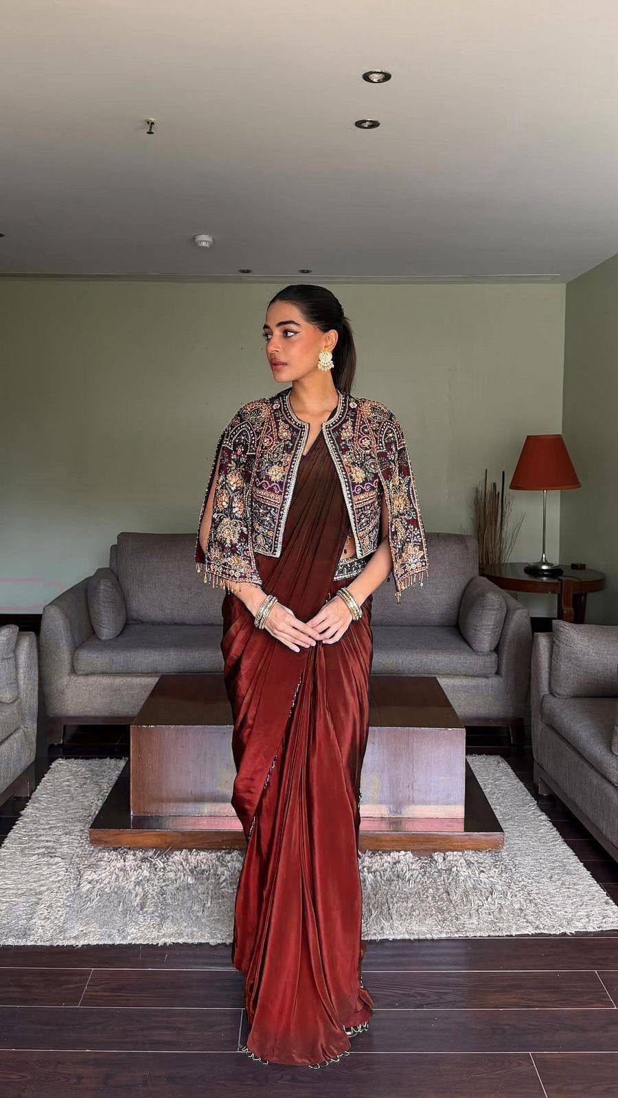 Women Maroon Embroidered Crop Jacket Blouse Palazzo Dupatta Set Designer Indo XL