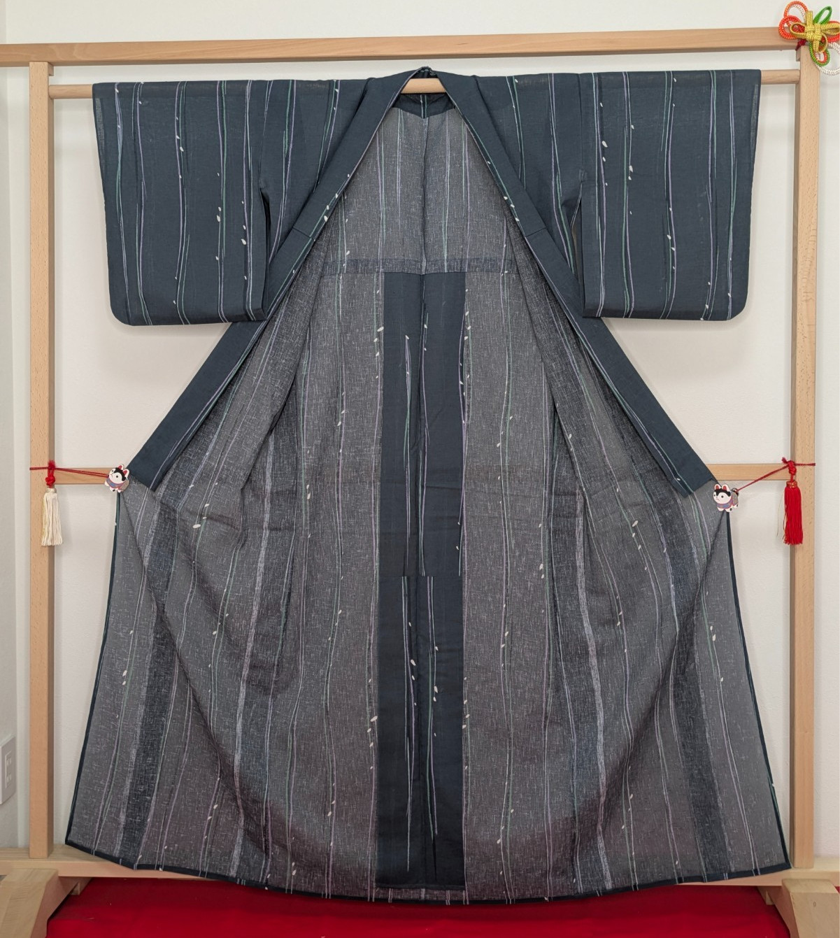 Japanese Summer Kimono Polyester Gray Green Stripes Petals Washable Usumono
