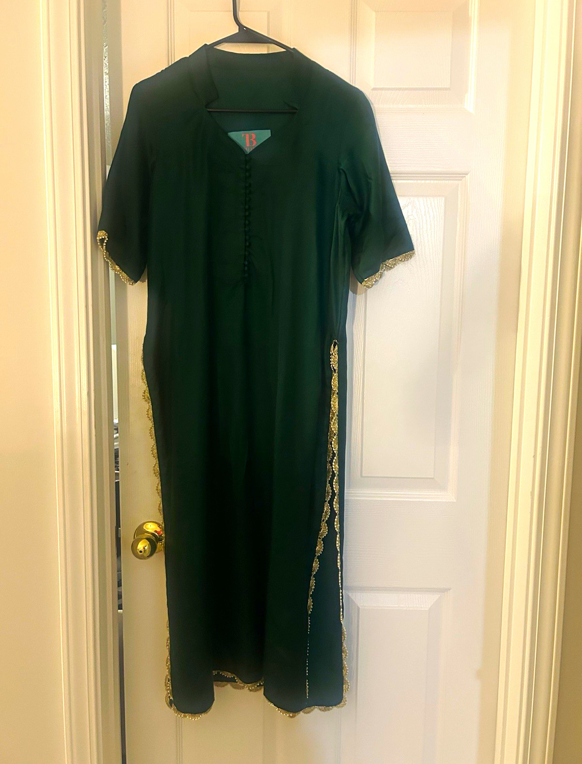 Trupti Bhula Women’s Green Kurta Tunic Dress Gold Trim, Size M, Woven