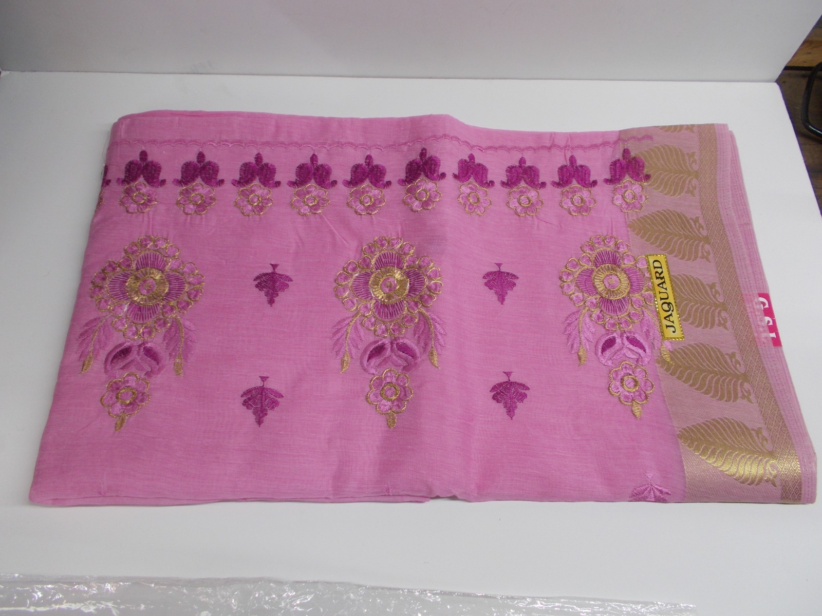 PINK JACQUARD WEAVE SAREE G.S.L. JAFFNA SILK EMBROIDERED GOLD AND PURPLE