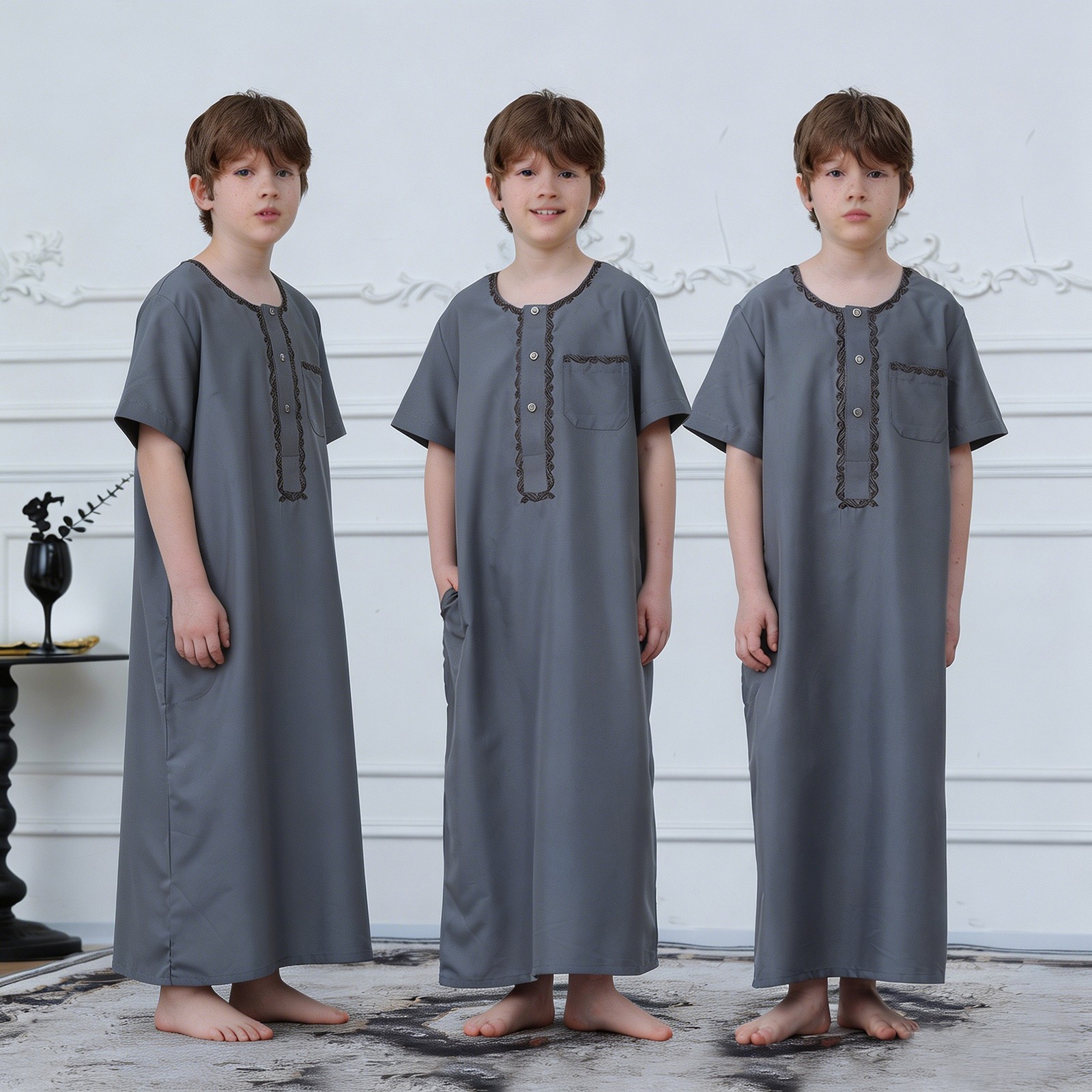 Saudi Arab Boys Thobe Jubba Long Sleeve Abaya Coat Simple Button Daily Wear Eid