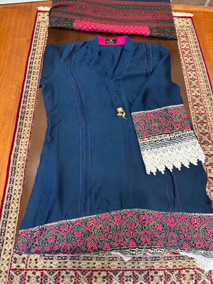 Aisha Imran Blue & Pink Salwar Kameez with Embroidered Dupatta & Lace – Size M