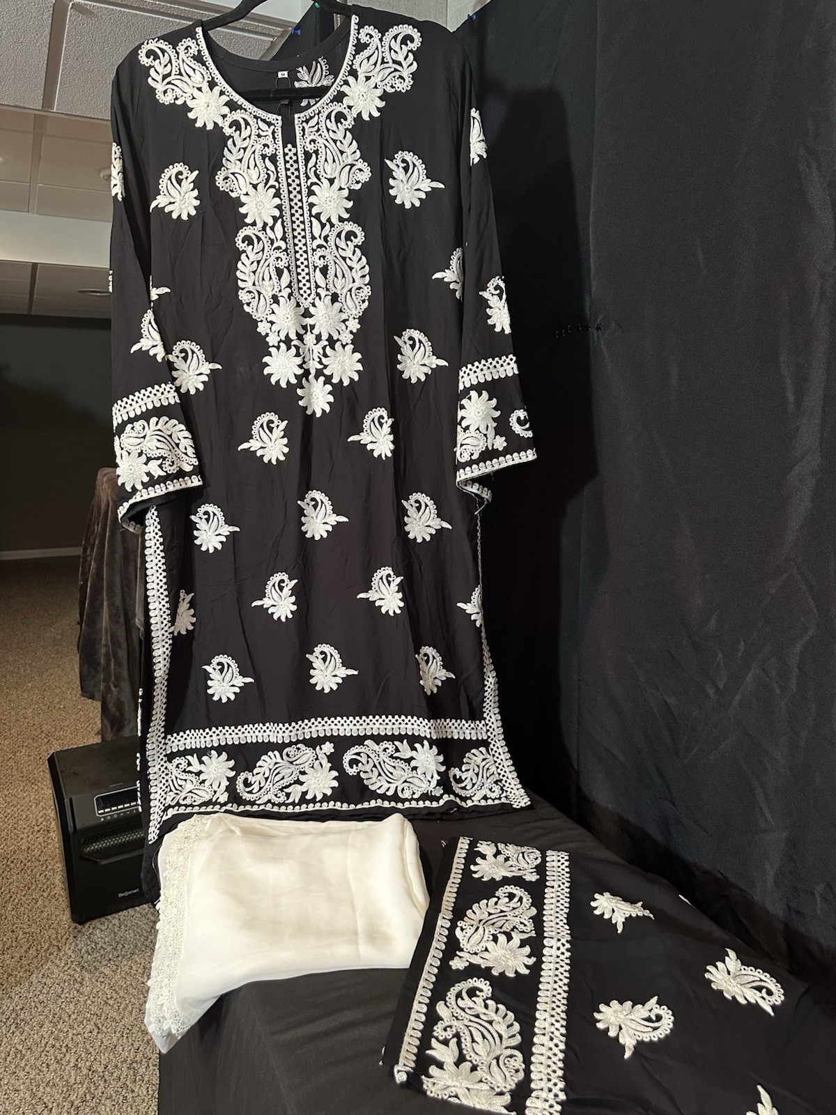 Beautiful soft linen Front & back emb-3 pc suit-emb plazo, laced dupatta-$44