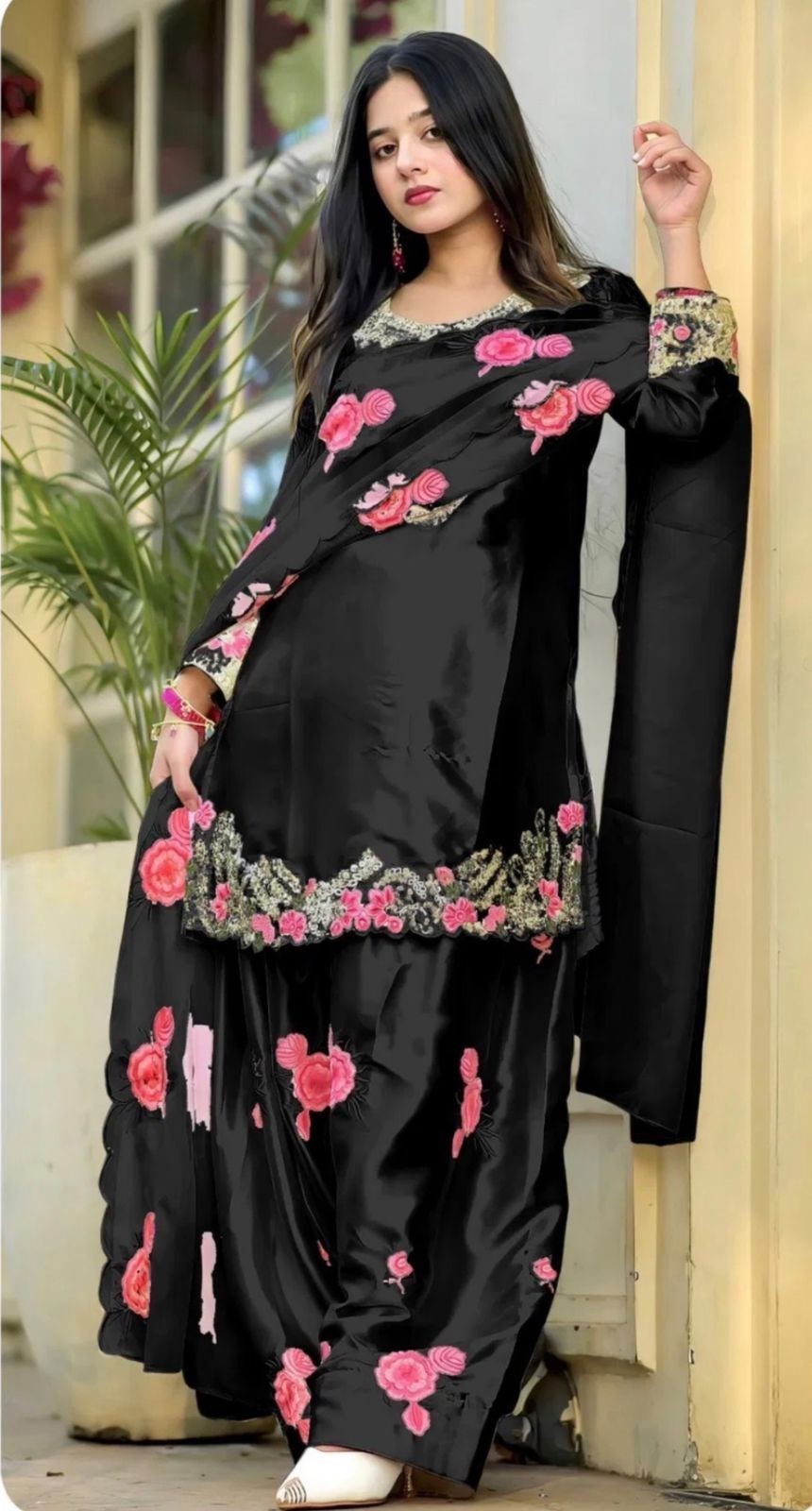 Designer Satin Top Farshi Palazzo Dupatta Party Wear Women Farshi shalwar suit