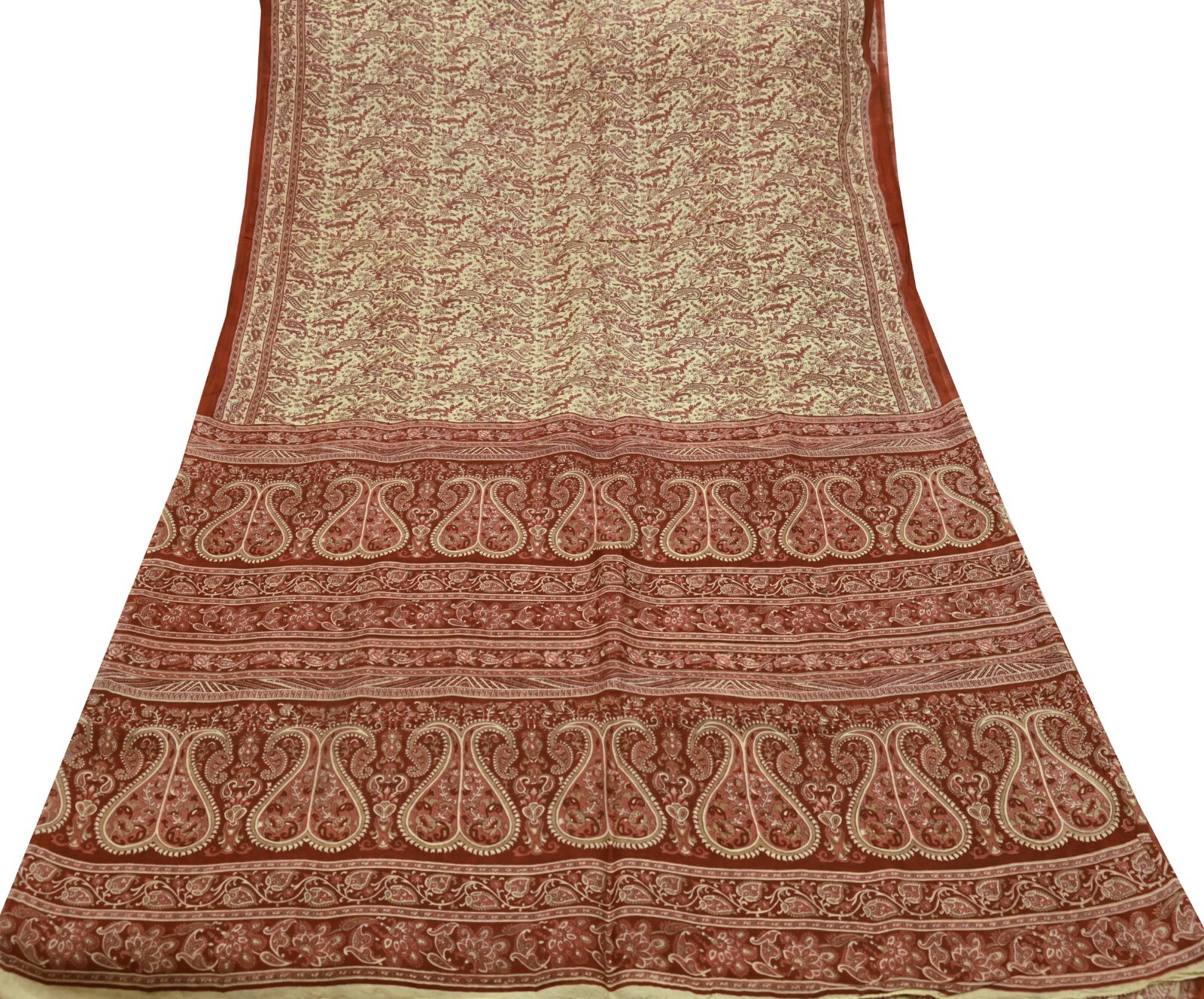 Indian Vintage Sari Brown & Ivory Pure Silk Printed Sarees Craft Fabric 6yd