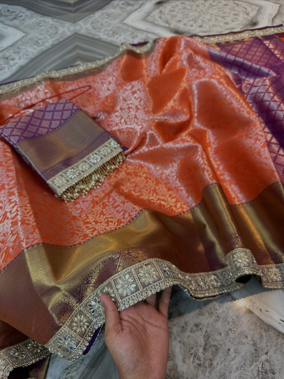 Indian Designer Tissue Silk Saree Banarasi Zari Weaving Fancy Lace Border Sari