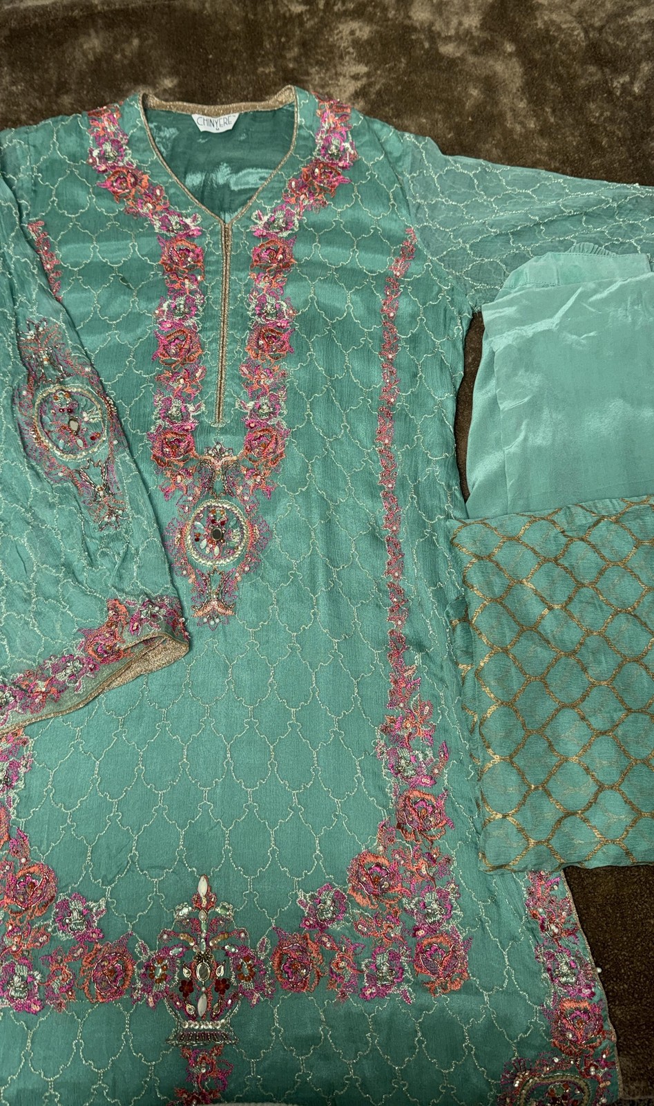 Teal Chinyere Shirt with Pink and Gold Embroidery with Straight Pants and
