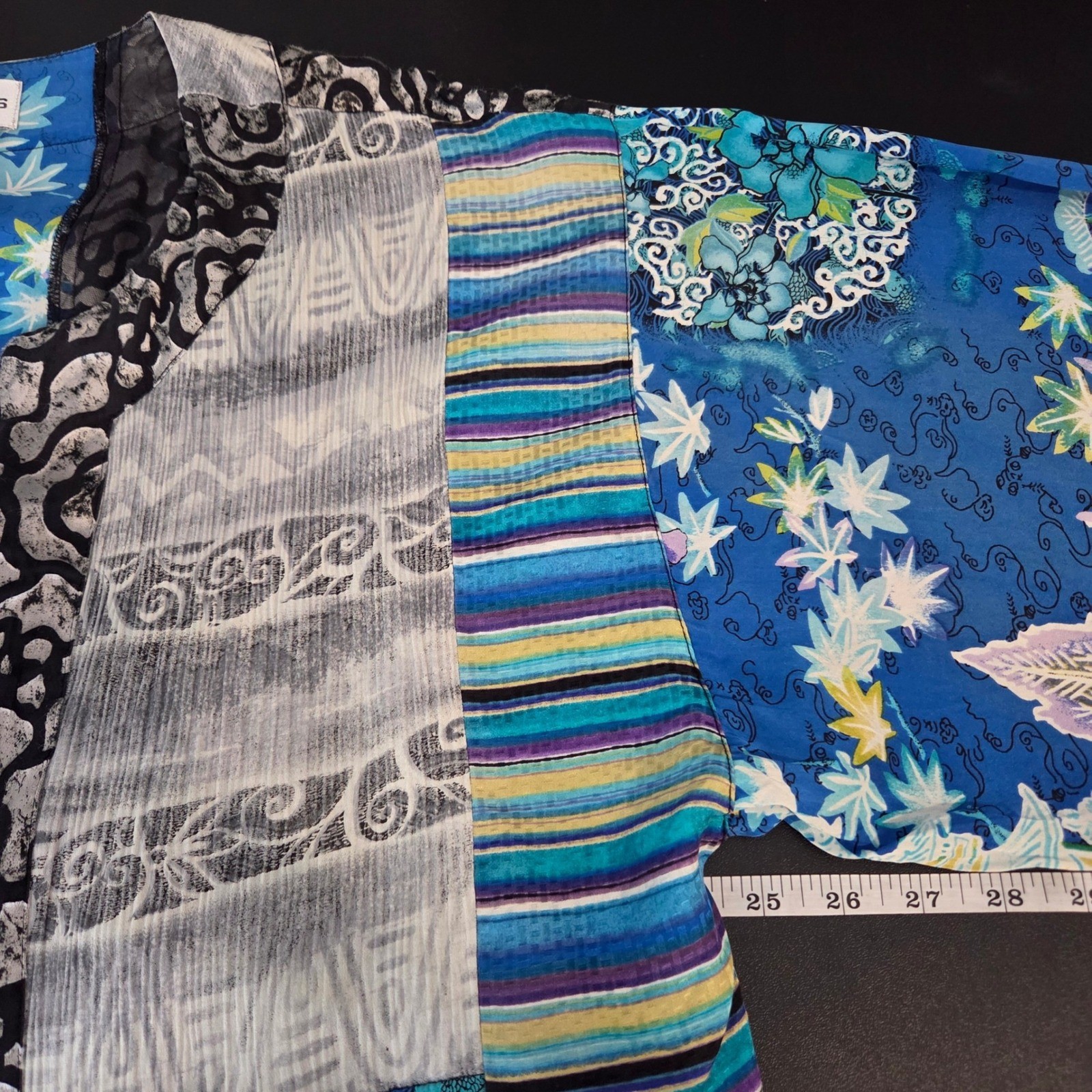 Chico’s Silk Blend Patchwork Kimono Jacket Blue Floral Asian Print Size 3 L XL