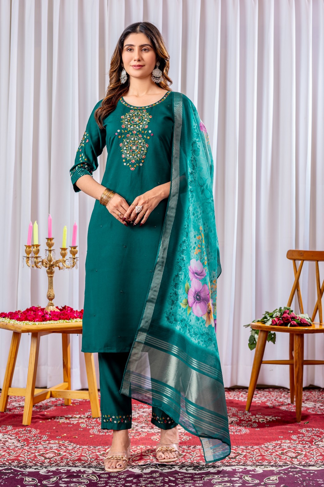 Bollywood Style Women Kurta Pant Dupatta Set | Indian Pakistani Ethnic Kurti L