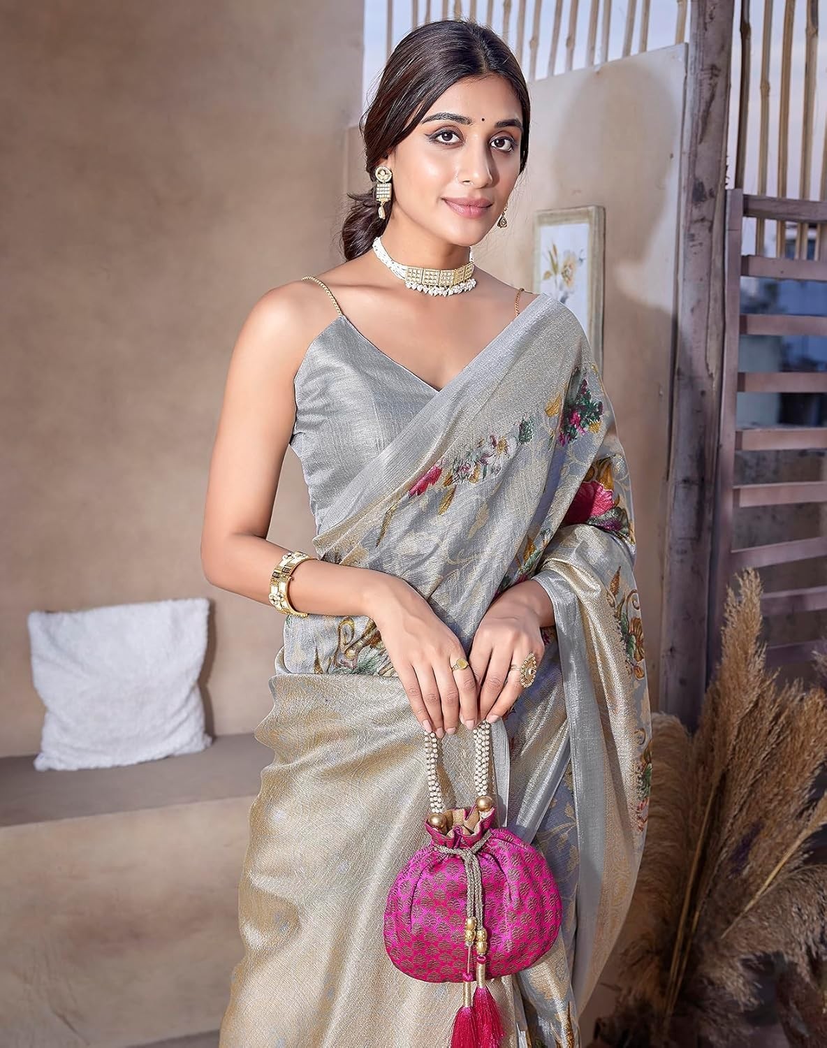 Women Art Silk Floral Printed Kanjivaram Saree with Blouse Material