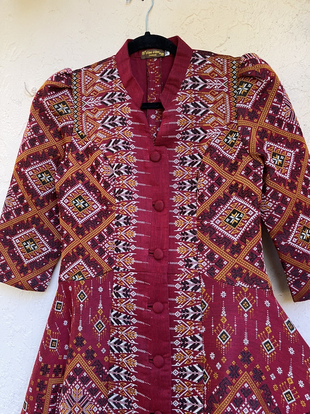 Bohemian VTG Red Handwoven Dress Praewa Silk Fabric Button-Front Maxi Thailand S