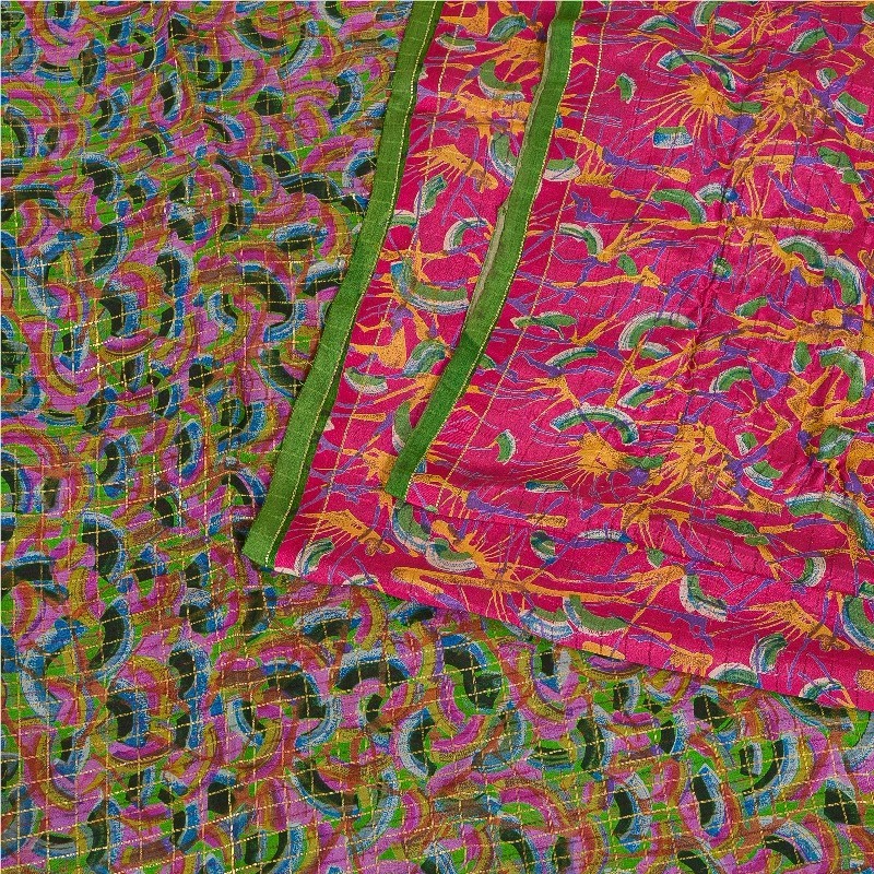 Sanskriti Vintage Sarees Indian Pink Pure Silk Printed Woven Sari Craft Fabric