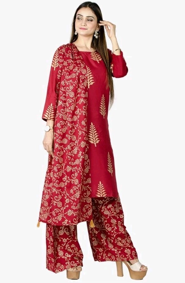 Kurti Palazzo Pant with Dupatta Suit Set for Women Red, Sz L (42)