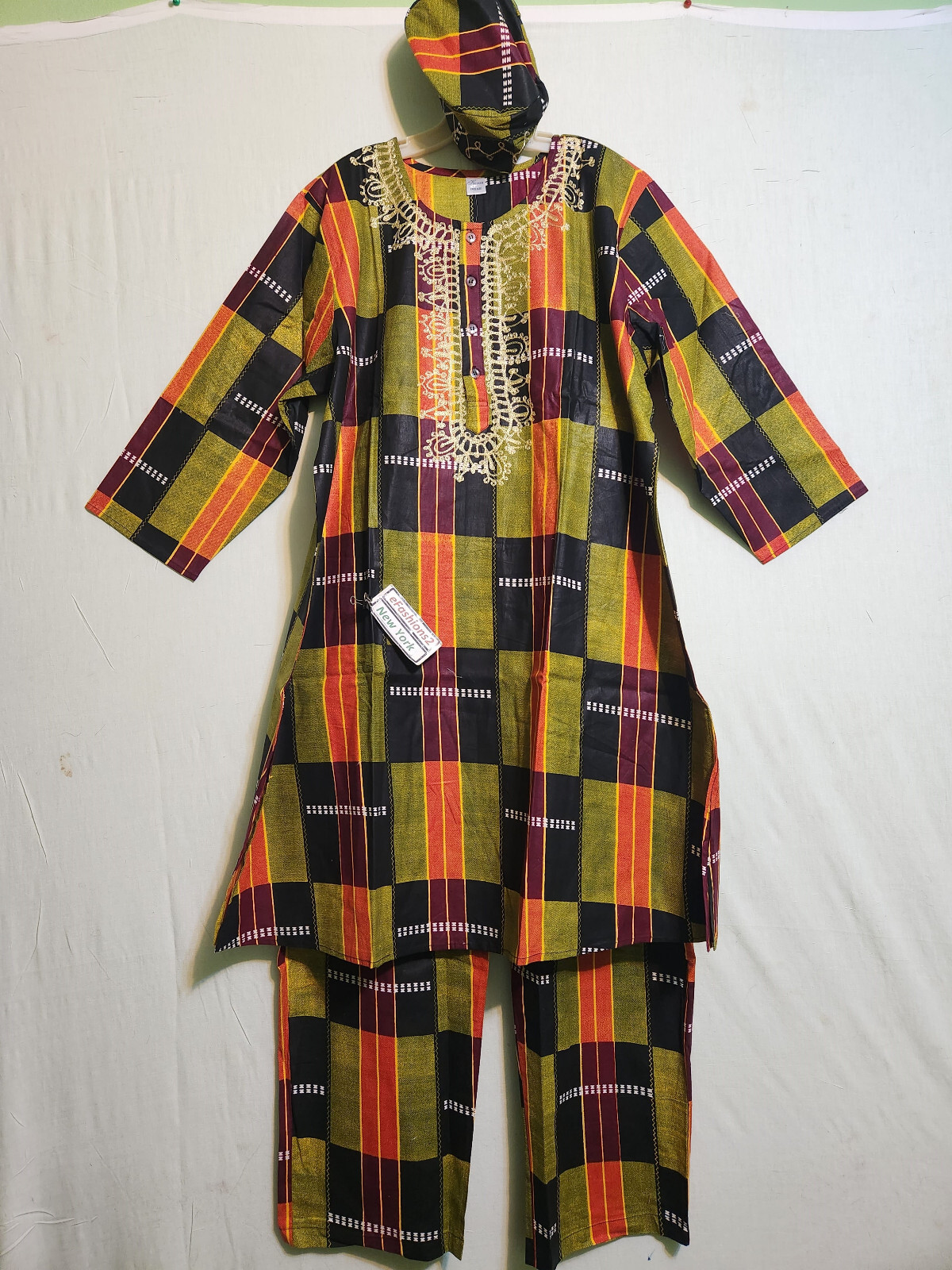 African Kente Cloth Print 3Pcs Pant Set For Men With Cap Free Size