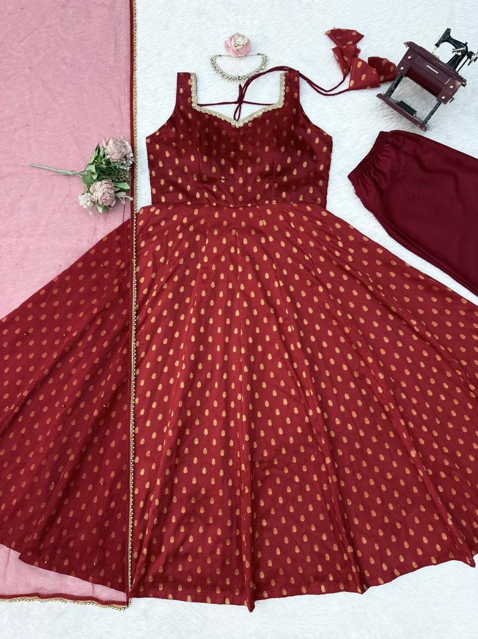New Chanderi Jacquard Butti Maroon Gown Bottom With Dupatta For Function Wear