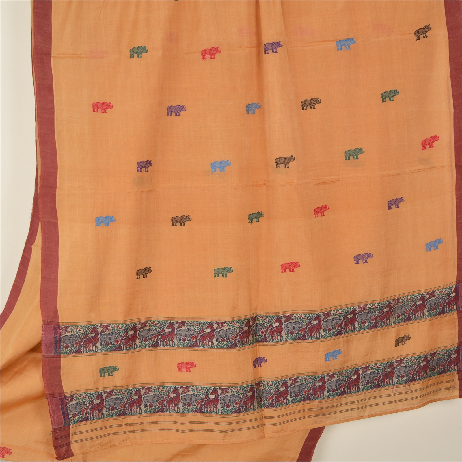 Sanskriti Vintage Peach Indian Sarees Pure Cotton Woven Animal Sari 5 Yd Fabric