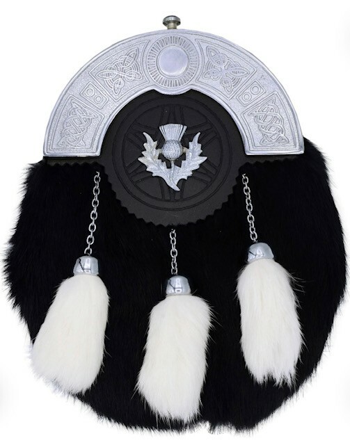 Scottish Black Rabbit Fur Sporran with White Tassels, Thistle Badge & Chrome Can