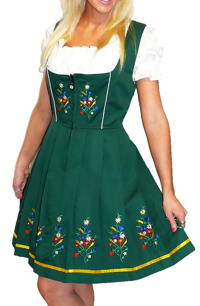 S 8 German Oktoberfest Dirndl Dress EMBROIDERED Lace Apron + Top Green Short NEW