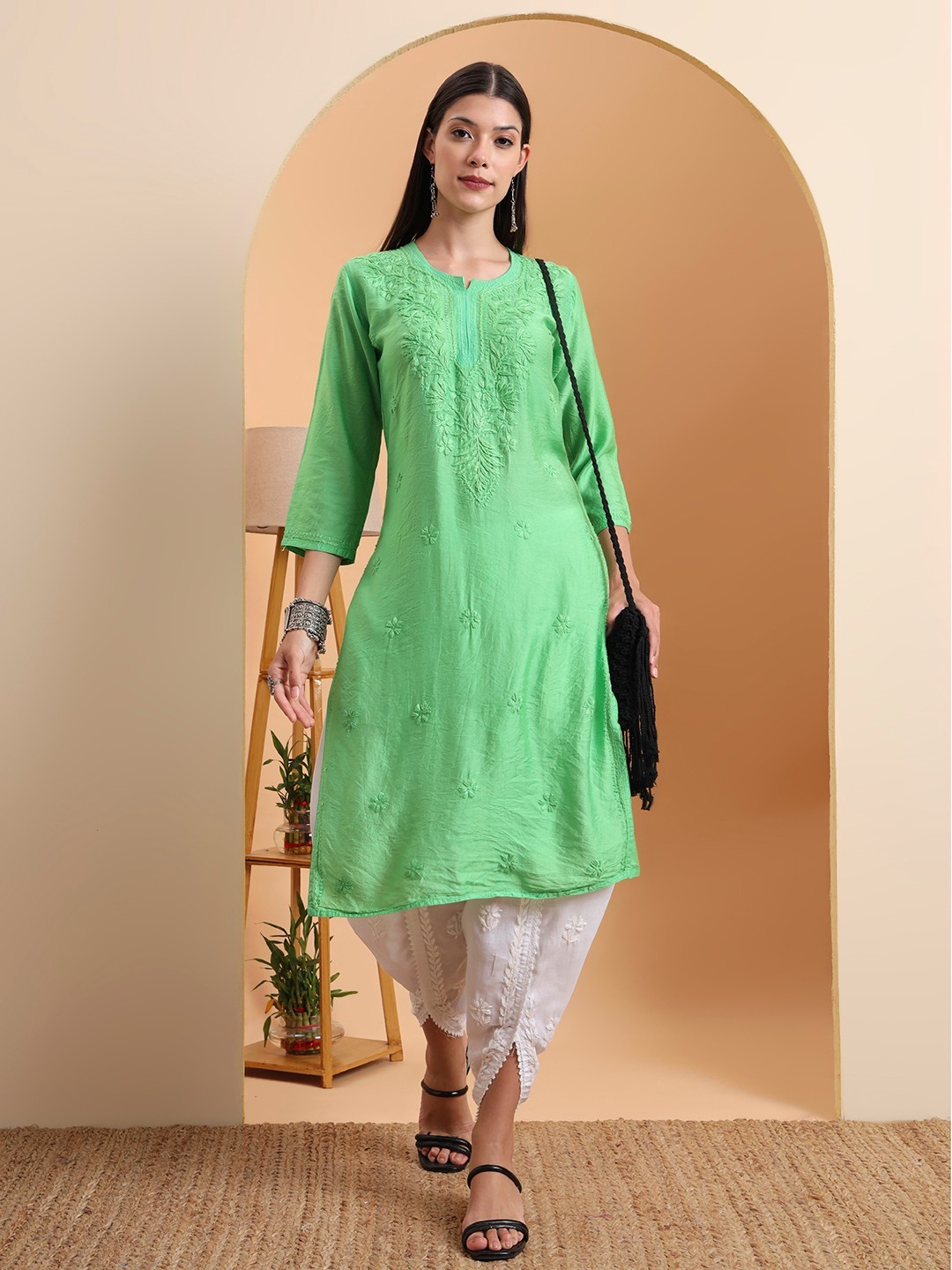 Women Green Chanderi Chikankari Kurta |Embroidered Straight Kurti |Festive Wear