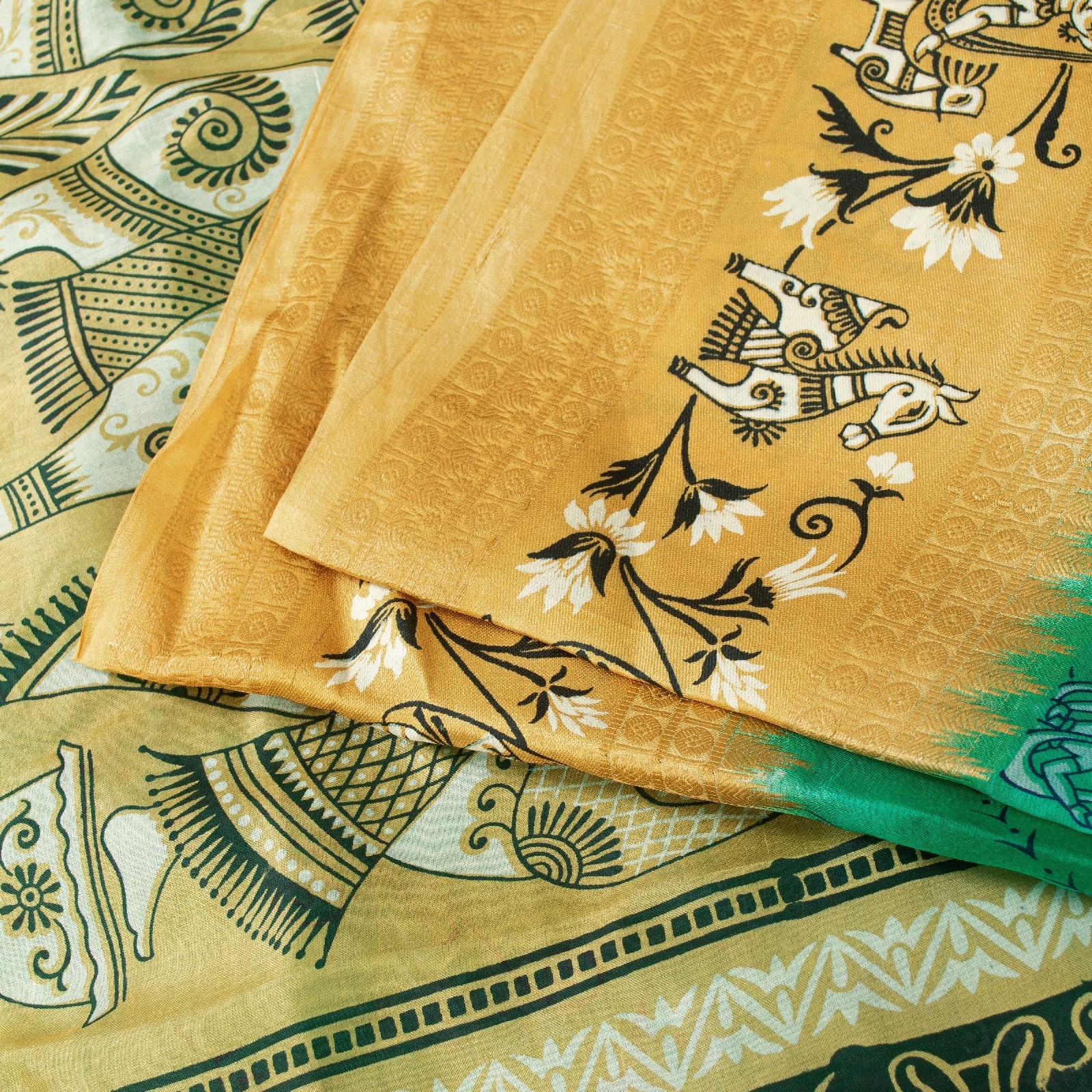 Sanskriti Vintage Sarees Green 100%Pure Silk Women Animal Print 5+Yd Indian Sari