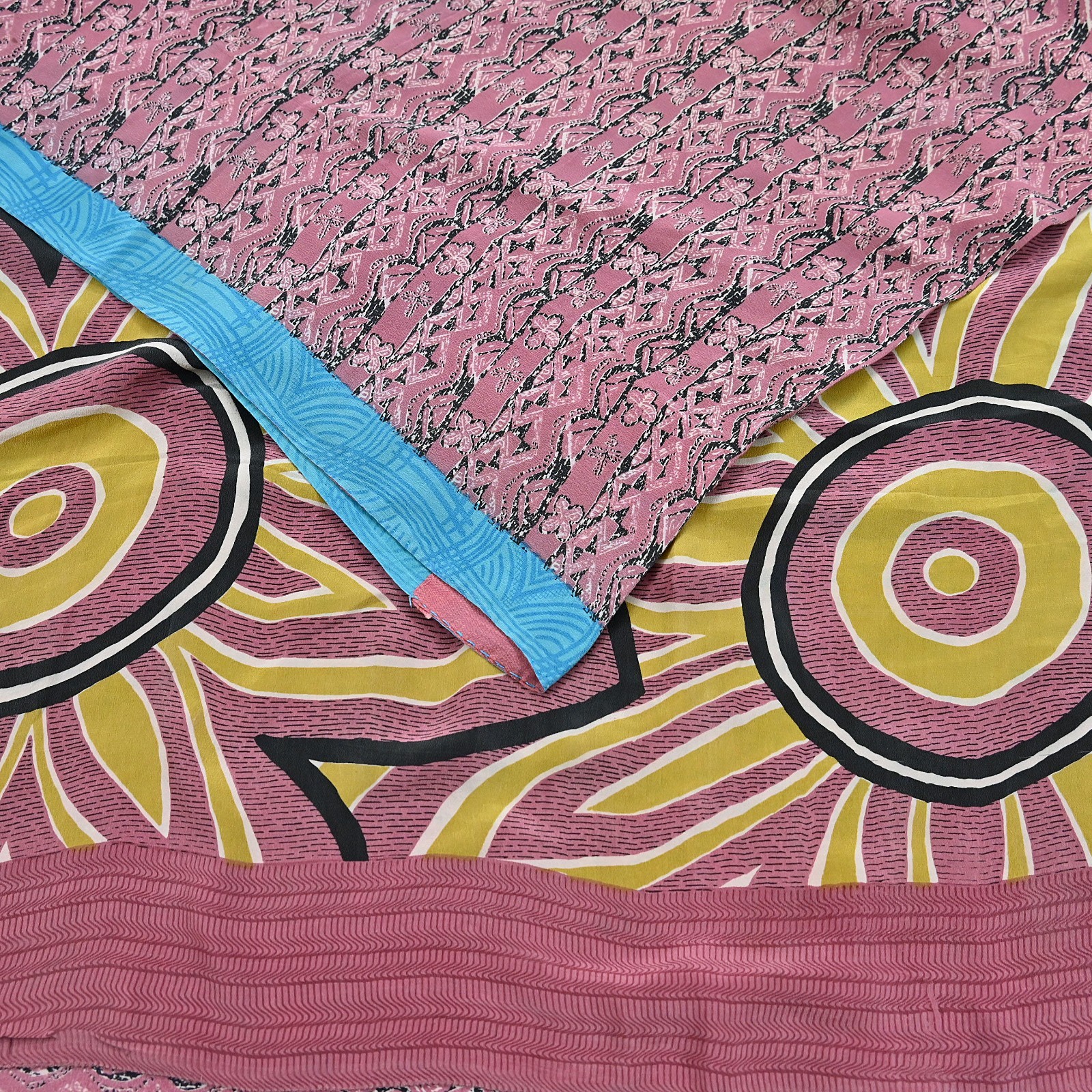 Indian Vintage Sari Pink & Black Pure Crepe Silk Printed Saree 5yard Sewing Soft