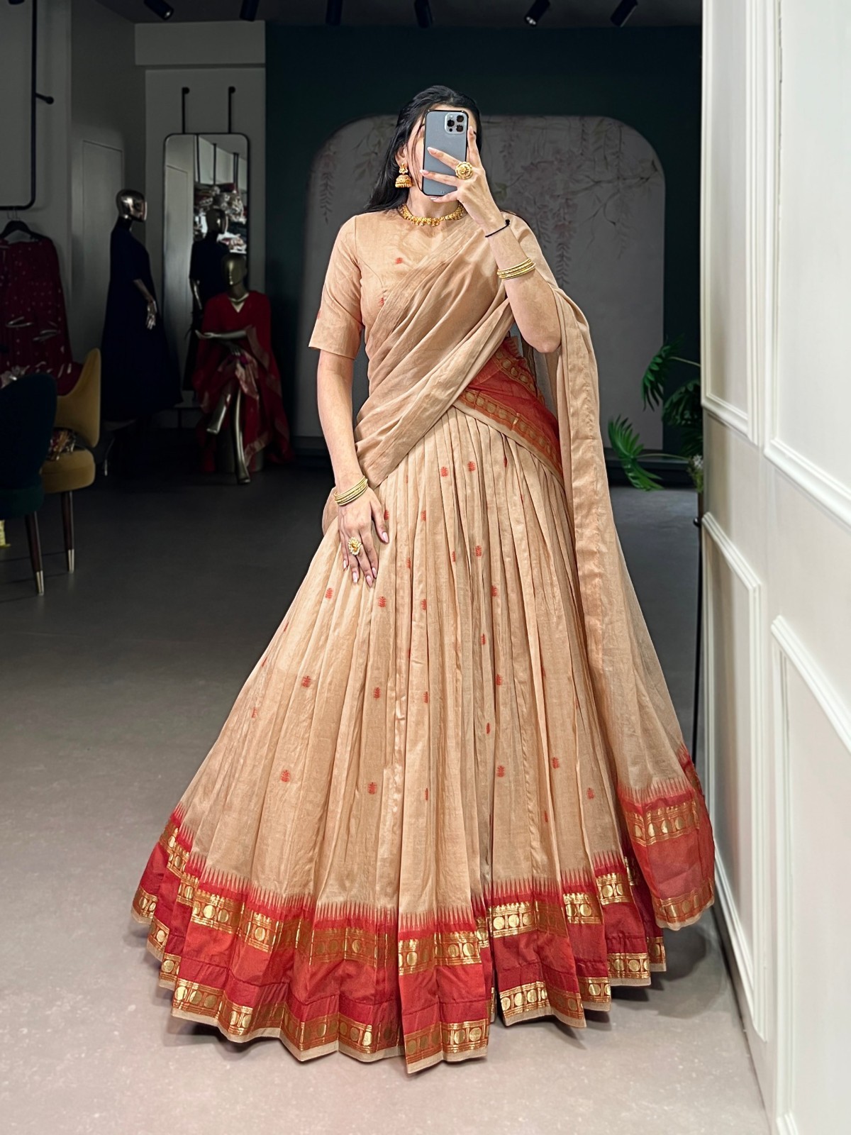 Indian Designer Cream Chanderi Lehenga Choli With Dupatta For Wedding & Party