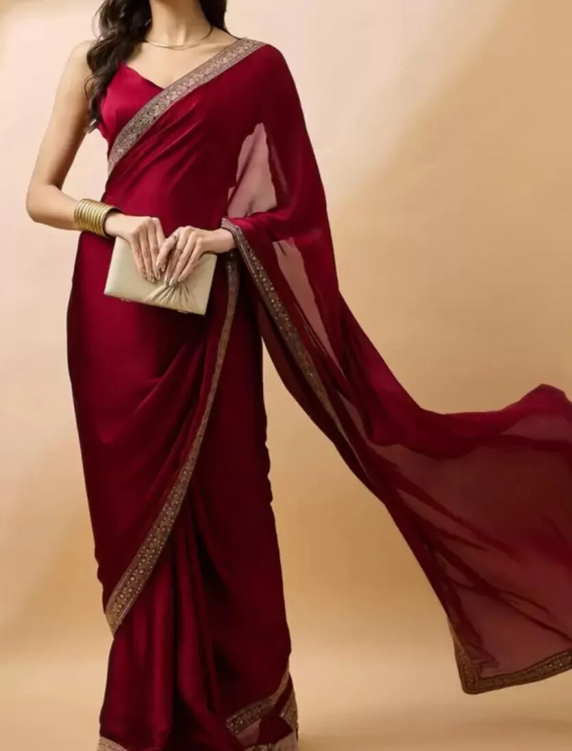 Maroon Satin Saree Sequence Embroidery Party Wear Free Petticoat