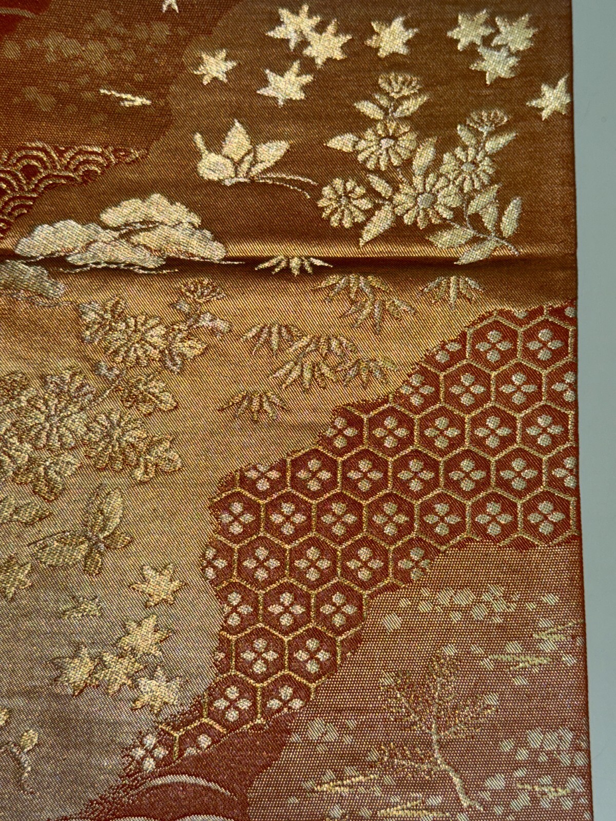 Japanese Vintage Kimono Fukuro Obi silk brown expensive embroidery 167.7×12.2in