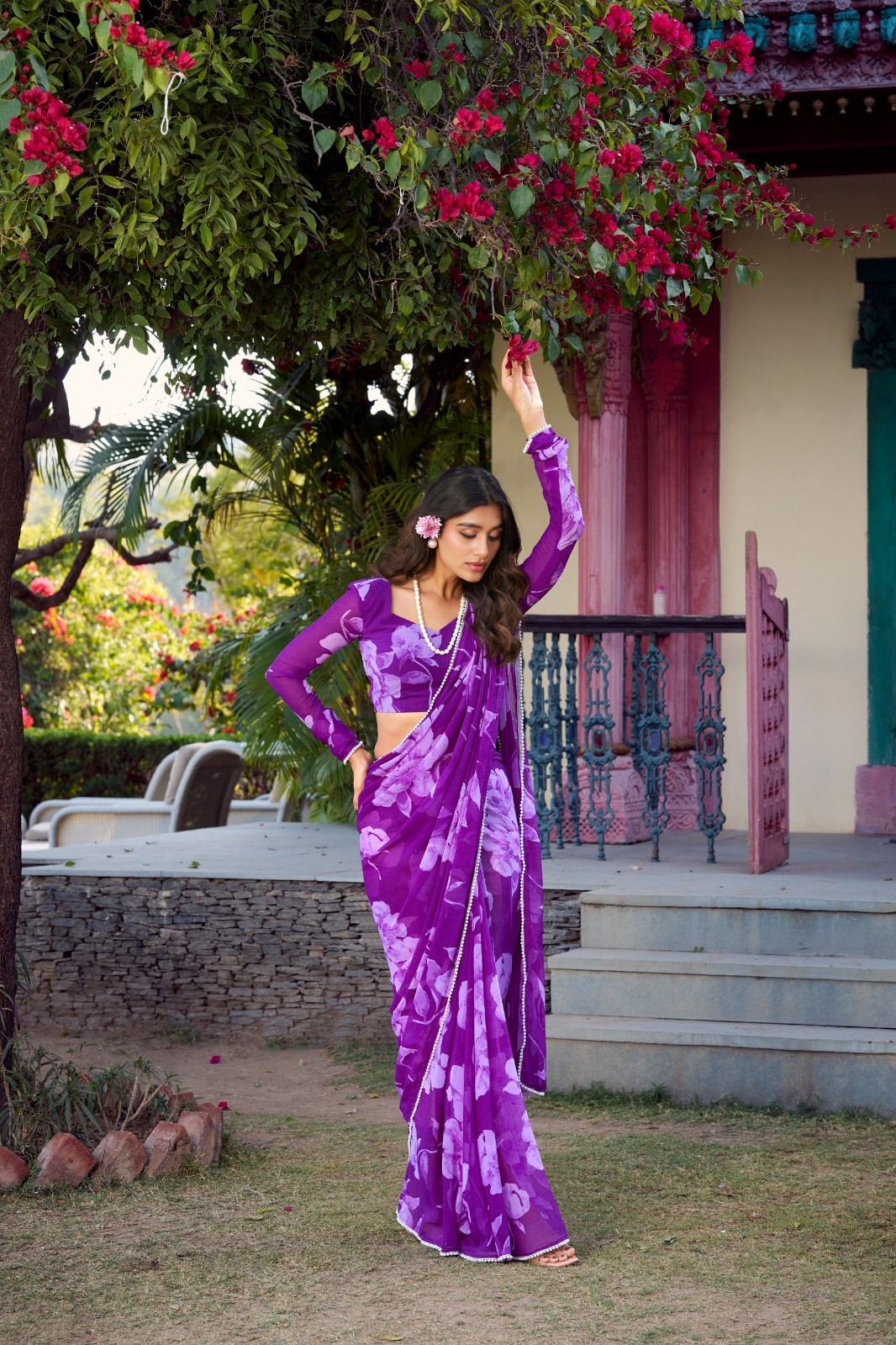 Indian Chiffon Floral Printed Saree Pearl Lace Border Ethnic Wear with Blouse