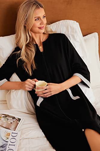 Women Zipper Robe 3/4 Sleeves Loungewear Dress Full Length Large Style 1-black
