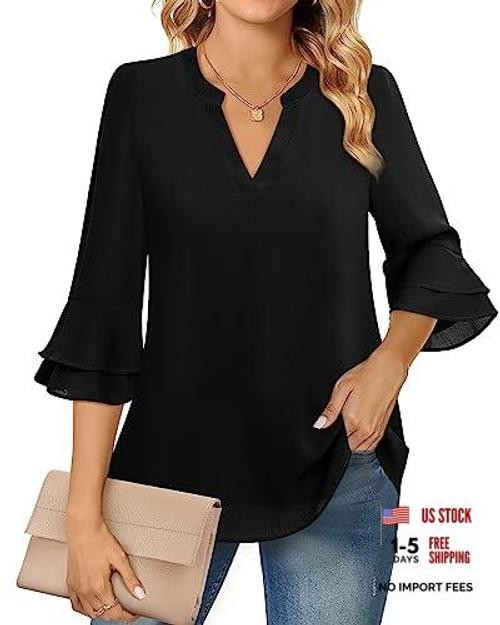 Womens Tops Dressy Casual 3/4 Tiered Bell Sleeve Blouses Double Large Black