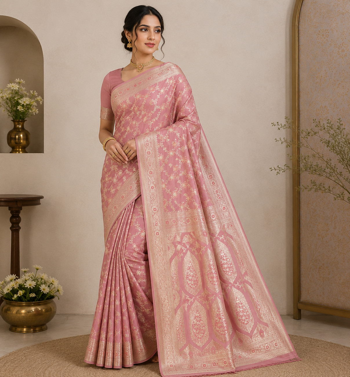 Pure Katan Silk Banarasi Saree, Blush Pink Handwoven Gold Zari Bridal Wear