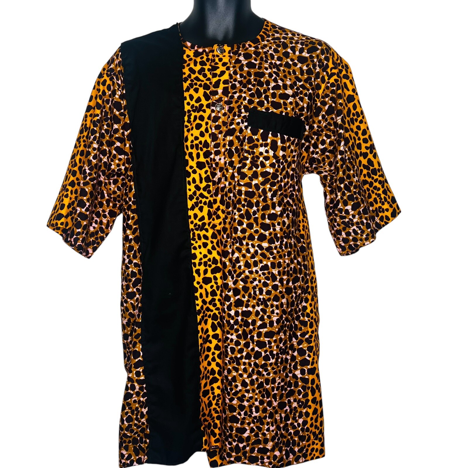 African Men Brown & Yellow Animal Print Top/ Shirt w/ Black Embroidered Detail